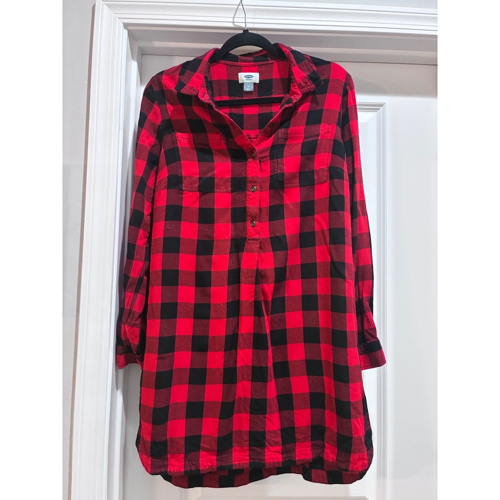 Old Navy Womens Red Black Buffalo Plaid Rayon Dress Shirt Size M Long Sleeve